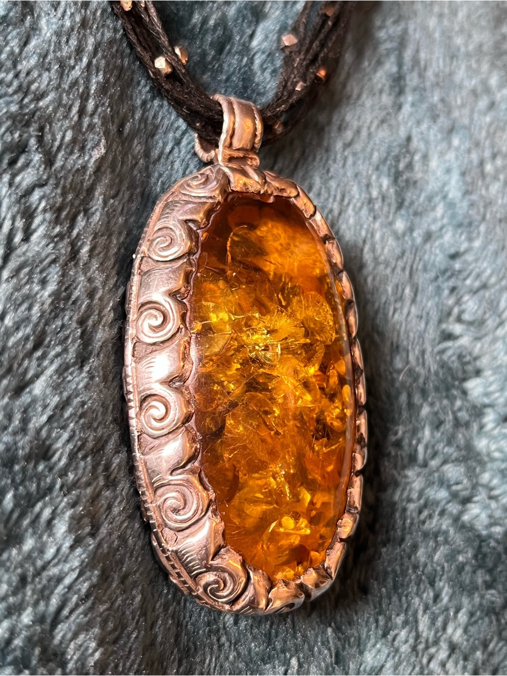 Gold Tone Baltic Amber/Silver Oval Pendant Necklace with Black Multi-Strand Cord - Picture 2 of 11